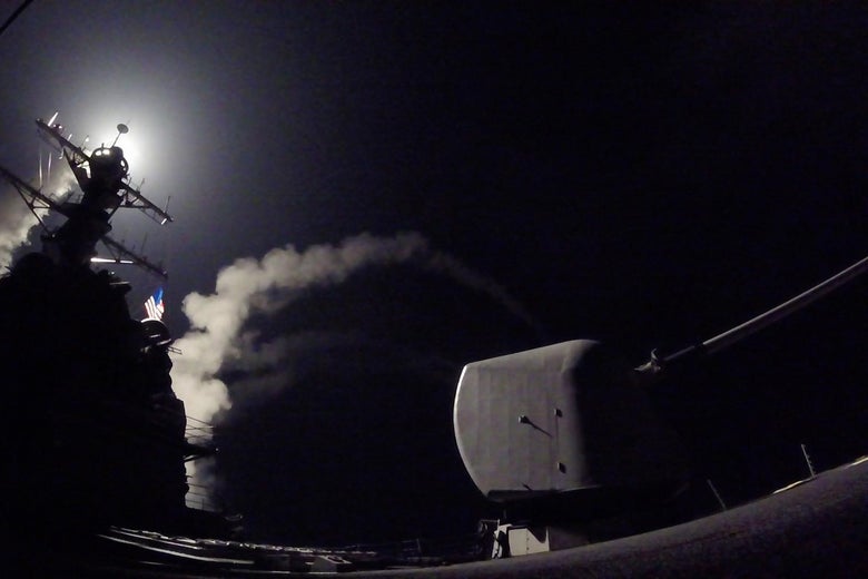 MEDITERRANEAN SEA - APRIL 7: In this handout provided by the U.S. Navy,The guided-missile destroyer USS Porter fires a Tomahawk land attack missile on April 7, 2017 in the Mediterranean Sea. The USS Porter was one of two destroyers that fired a total of 59 cruise missiles at a Syrian military airfield in retaliation for a chemical attack that killed scores of civilians this week. The attack was the first direct U.S. assault on Syria and the government of President Bashar al-Assad in the six-year war there. (Photo by Ford Williams/U.S. Navy via Getty Images)